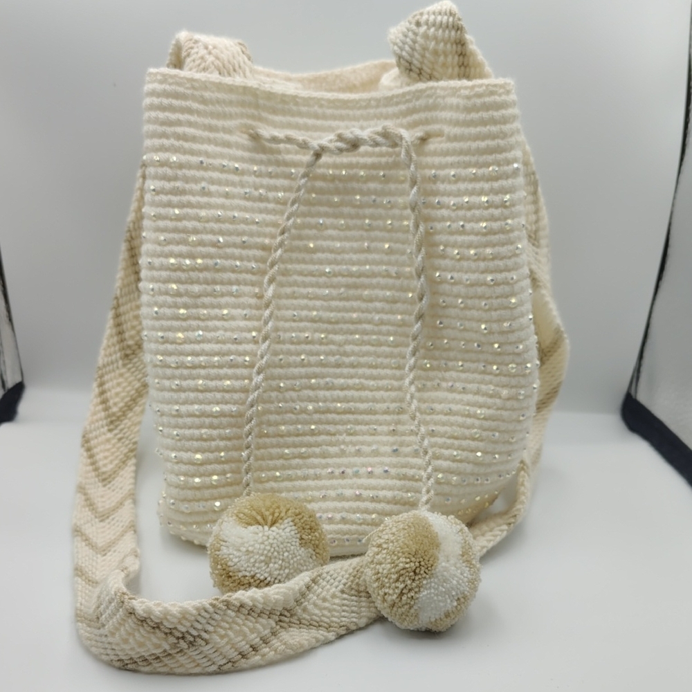 Elegant Cream Knit Backpack with Pom Poms